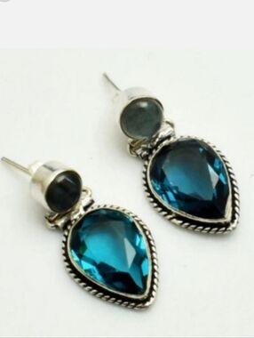 Blue Apatite, Labradorite Gemstone 925 Sterling Silver Stud Dangle Earrings